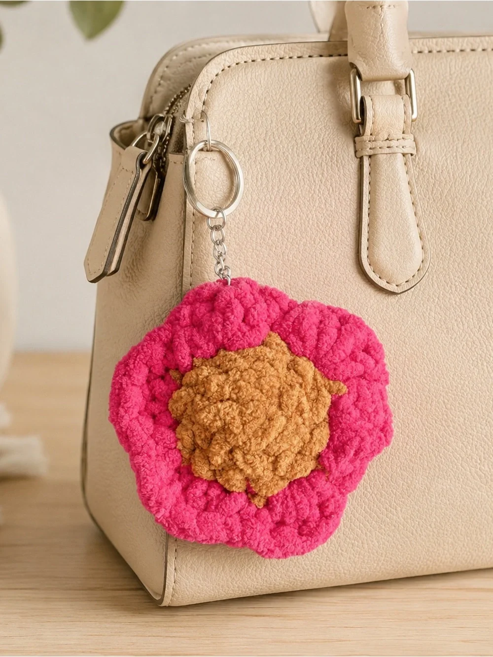 Handmade Pink & Brown Floral Keychain - Women Accessories